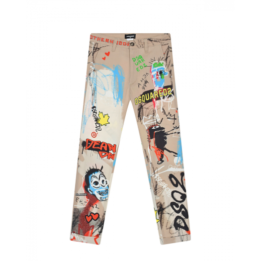 Бежевые брюки с принтом &quot;граффити&quot; Dsquared2 | Фото 1