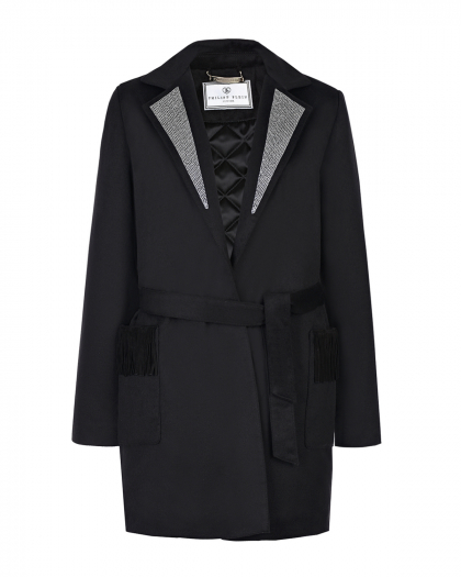 Черное пальто с бахромой на спине Philipp Plein | Фото 1