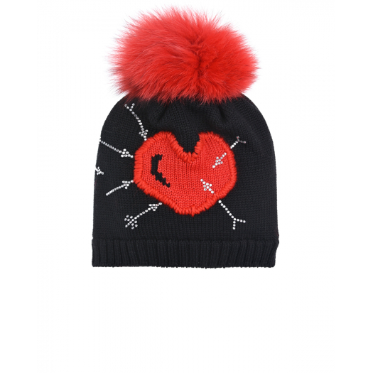 Черная шапка с декором &quot;красное сердце&quot; Catya | Фото 1