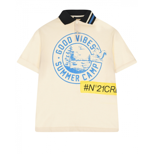Кремовая футболка-поло с принтом &quot;good vibes summer camp&quot; No. 21 | Фото 1