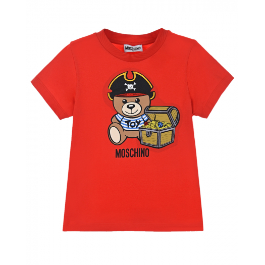 Красная футболка с аппликацией &quot;Мишка пират&quot; Moschino | Фото 1