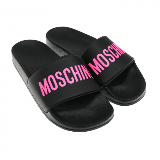 Черные шлепки с розовым логотипом Moschino | Фото 1