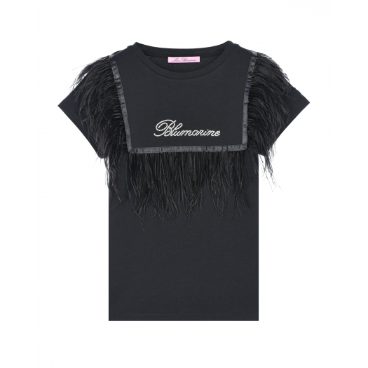 Черная футболка с отделкой перьями Miss Blumarine | Фото 1