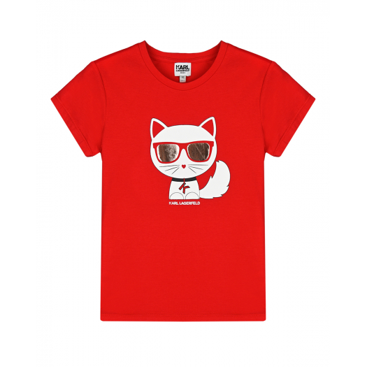 Красная футболка с принтом &quot;кошка&quot; Karl Lagerfeld kids | Фото 1