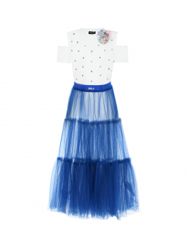 Сине-белое платье с разрезами на плечах Monnalisa Мультиколор, арт. 419907 9201 9954 | Фото 1