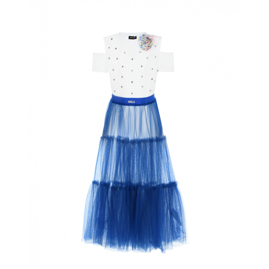Сине-белое платье с разрезами на плечах Monnalisa | Фото 1