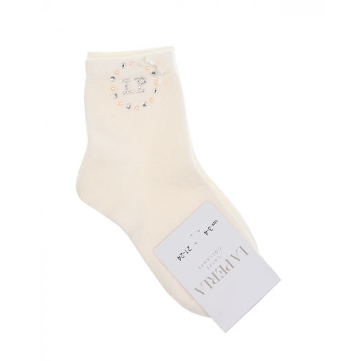 Кремовые носки с логотипом из страз La Perla | Фото 1