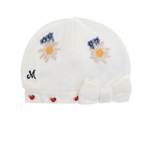 Белая шапка с цветочной вышивкой Monnalisa | Фото 1