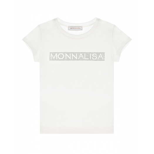 Белая футболка с принтом из страз Monnalisa | Фото 1