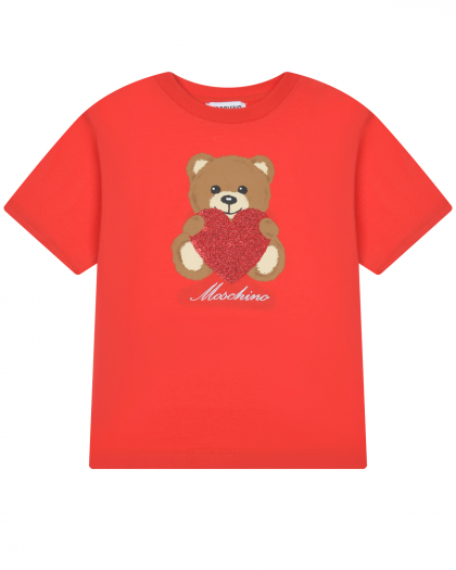Красная футболка с принтом &quot;мишка с сердцем&quot; Moschino | Фото 1