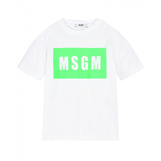 Белая футболка с лого в зеленом прямоугольнике MSGM | Фото 1