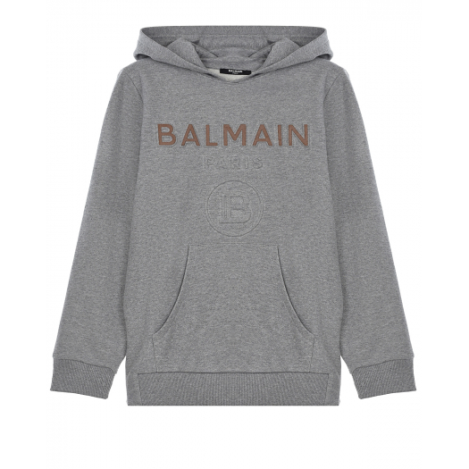 Серая толстовка-худи с объемным логотипом Balmain | Фото 1