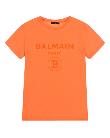 Оранжевая футболка с логотипом в тон Balmain | Фото 1
