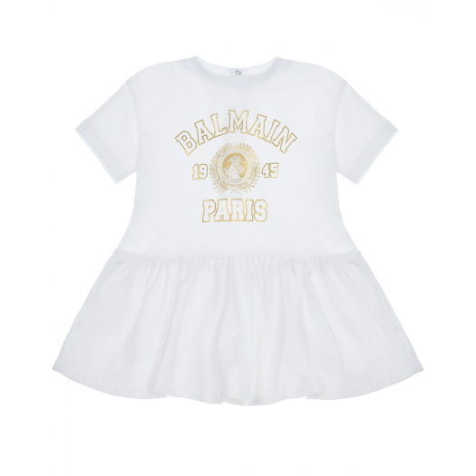 Белое платье с золотистым логотипом Balmain | Фото 1