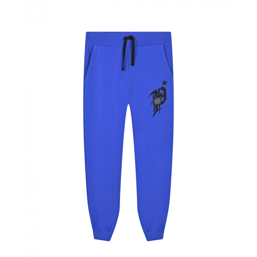 Синие спортивные брюки с черным лого Philipp Plein | Фото 1