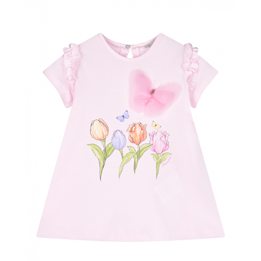 Розовая футболка с принтом &quot;тюльпаны&quot; Monnalisa | Фото 1