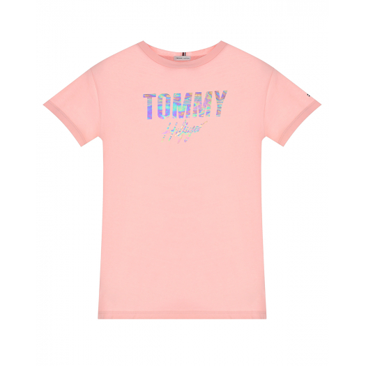 Розовая футболка с голографическим логотипом Tommy Hilfiger | Фото 1