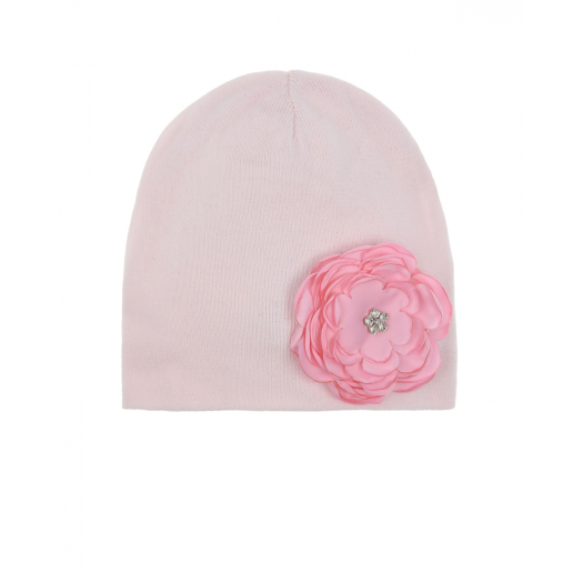 Розовая шапка с цветочной аппликацией и стразами Regina | Фото 1