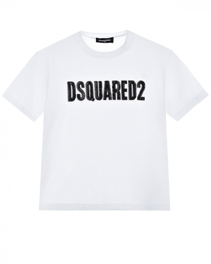 Белая футболка с логотипом из пайеток Dsquared2 | Фото 1