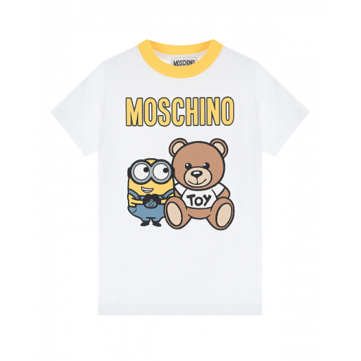 Белая футболка с принтом &quot;медвежонок и миньон&quot; Moschino | Фото 1