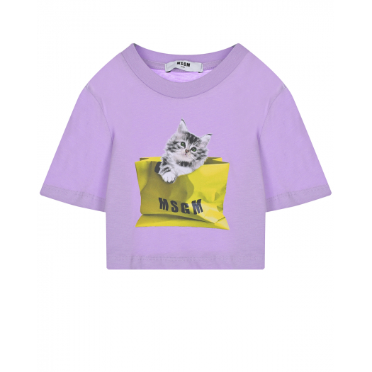 Фиолетовая футболка с принтом &quot;котенок&quot; MSGM | Фото 1