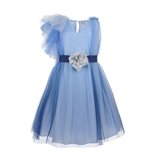 Голубое платье с аппликацией &quot;цветок&quot; на поясе Monnalisa | Фото 1