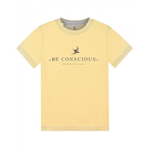 Желтая футболка с принтом &quot;be conscious&quot; Brunello Cucinelli | Фото 1