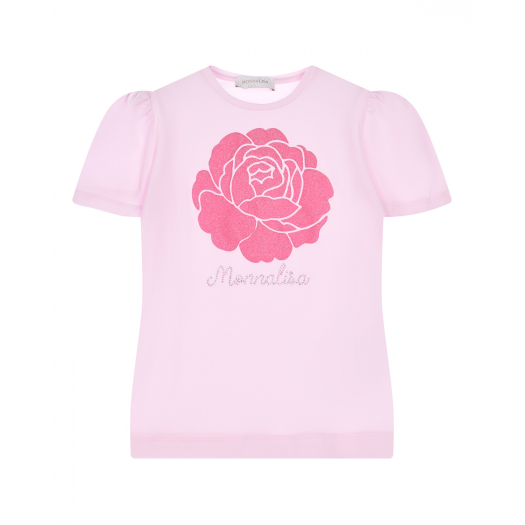 Розовая футболка с принтом &quot;цветок&quot; Monnalisa | Фото 1