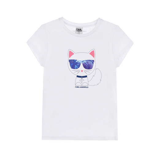 Белая футболка с принтом &quot;Choupette в очках&quot; Karl Lagerfeld kids | Фото 1