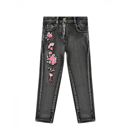 Черные джинсы с цветочной вышивкой Monnalisa | Фото 1