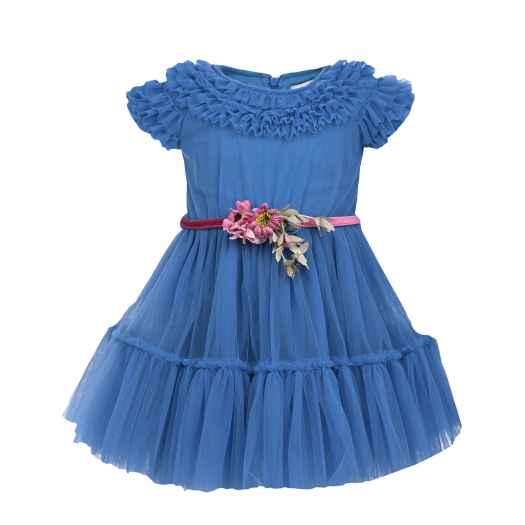 Синее платье с рюшами и поясом с цветами Monnalisa | Фото 1