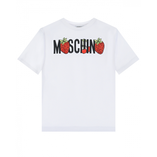 Белая футболка с вышивкой &quot;лого с клубникой&quot; Moschino | Фото 1