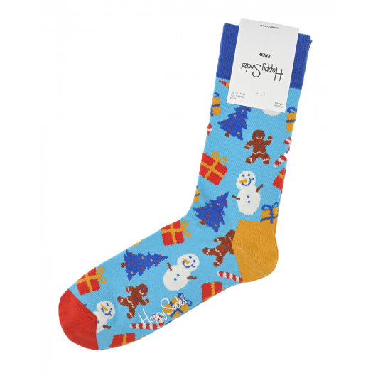 Голубые носки с новогодним принтом Happy Socks | Фото 1