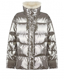Серая куртка-пуховик с меховой отделкой Yves Salomon Серый, арт. 22WEV005XXM08W A9080 METALLIC G | Фото 1