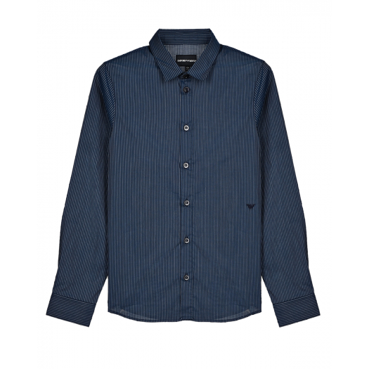 Синяя рубашка из хлопка с принтом в полоску Emporio Armani | Фото 1
