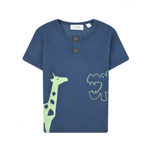 Темно-синяя футболка с принтом &quot;жираф и бегемот&quot; Sanetta Kidswear | Фото 1