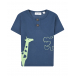 Темно-синяя футболка с принтом &quot;жираф и бегемот&quot; Sanetta Kidswear | Фото 1