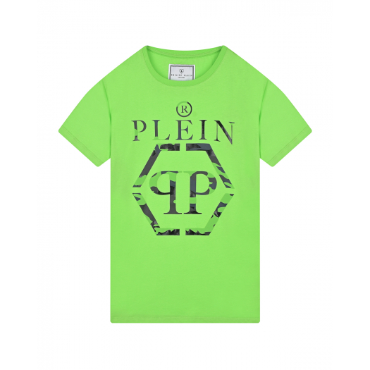 Зеленая футболка с черным лого Philipp Plein | Фото 1