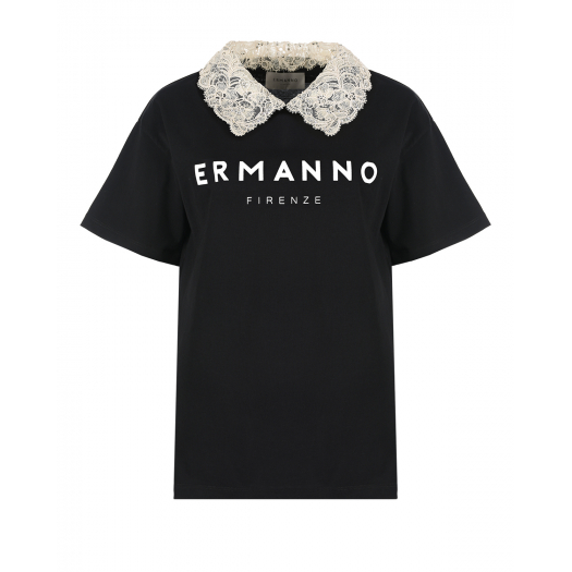 Черная футболка с кружевным воротником Ermanno Firenze | Фото 1