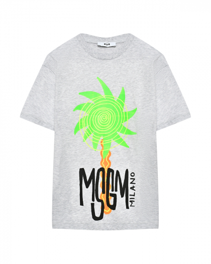 Футболка с логотипом и принтом пальмы, серая MSGM | Фото 1