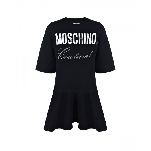 Черное трикотажное платье со стразами Moschino | Фото 1