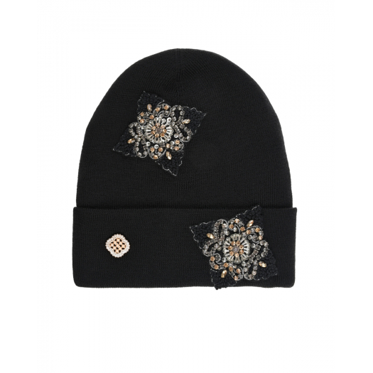 Черная шапка с цветочными аппликациями Regina | Фото 1