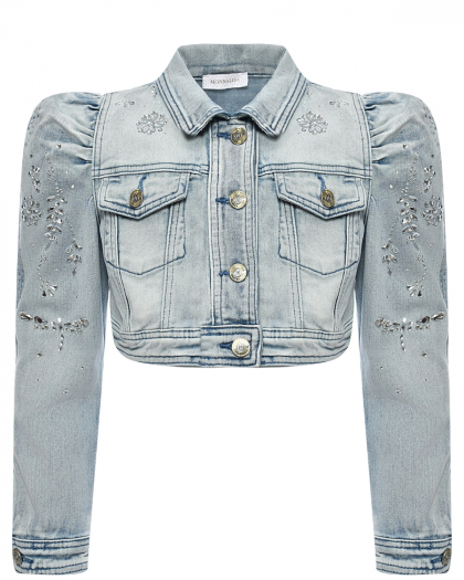 Куртка джинсовая укороченная с узорами из страз, светло-голубая Monnalisa | Фото 1