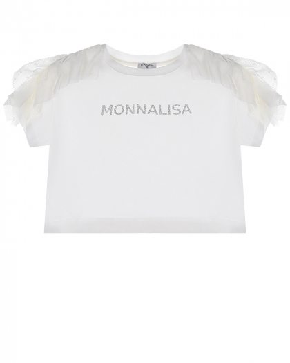 Белая укороченная футболка с оборками на рукавах Monnalisa | Фото 1