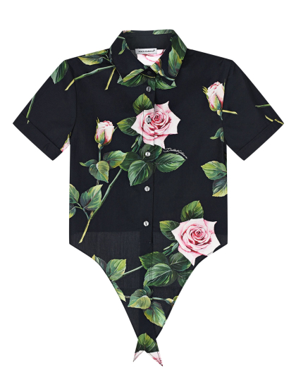 Черная рубашка на завязках с принтом &quot;Тропические розы&quot; Dolce&Gabbana | Фото 1