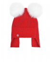 Красная шапка с двумя белыми меховыми помпонами