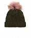 Шерстяная шапка цвета хаки с меховым помпоном Il Trenino | Фото 2