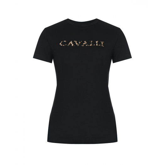 Черная футболка с леопардовым лого Roberto Cavalli | Фото 1